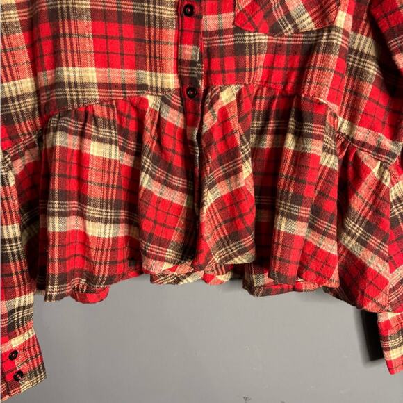 Hyfve Red Plaid Flannel Button Front Blouse With Peplum Design Size Small - Picture 2 of 7